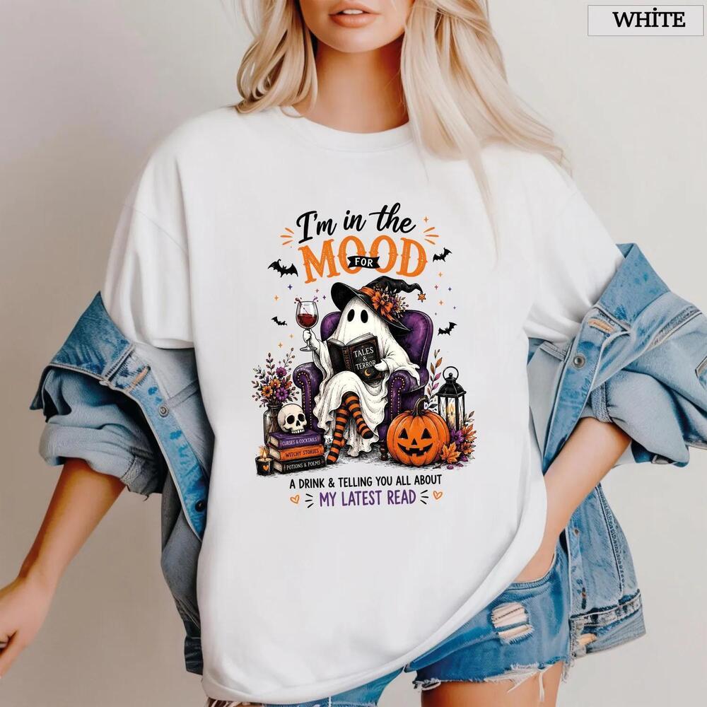 Ghost Book Reader Halloween T-Shirt, IM In The Mood For A Drink